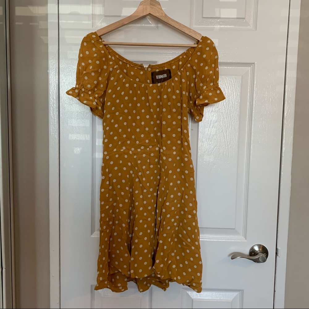Mustard yellow polka dot mini dress